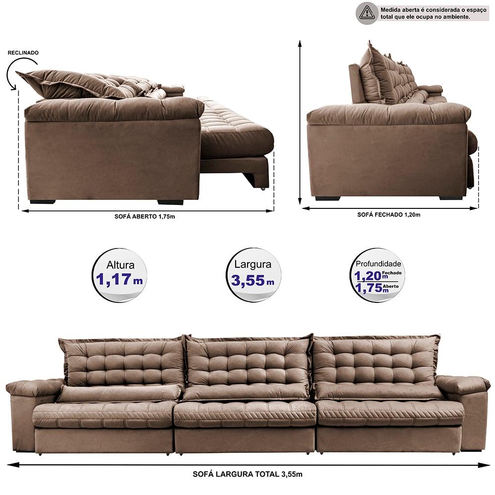 Sofá Retrátil e Reclinável 3,55m Molas Ensacadas Cama inBox Big Space com Bordado 3D Velusoft Castor