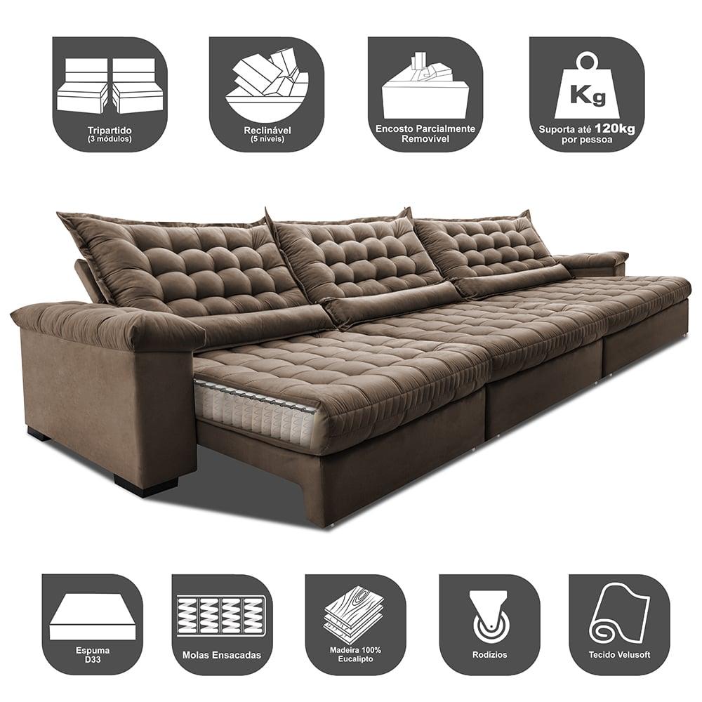 Sofá Retrátil e Reclinável 3,55m Molas Ensacadas Cama inBox Big Space com Bordado 3D Velusoft Castor