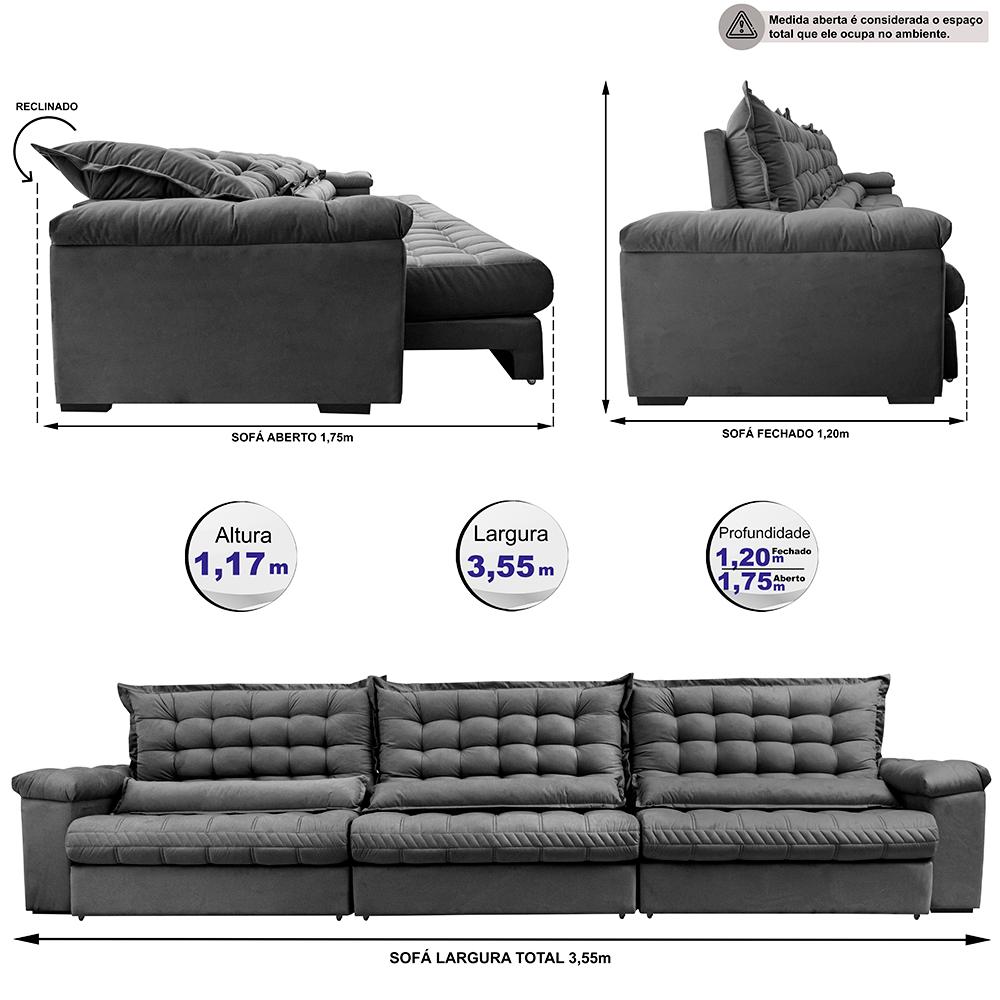 Sofá Retrátil e Reclinável 3,55m Molas Ensacadas Cama inBox Big Space com Bordado 3D Velusoft Cinza