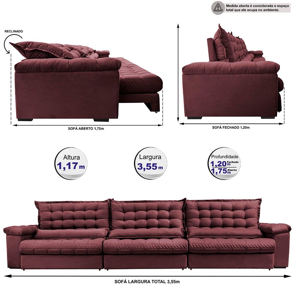 Sofá Retrátil e Reclinável 3,55m Molas Ensacadas Cama inBox Big Space com Bordado 3D Velusoft Vinho