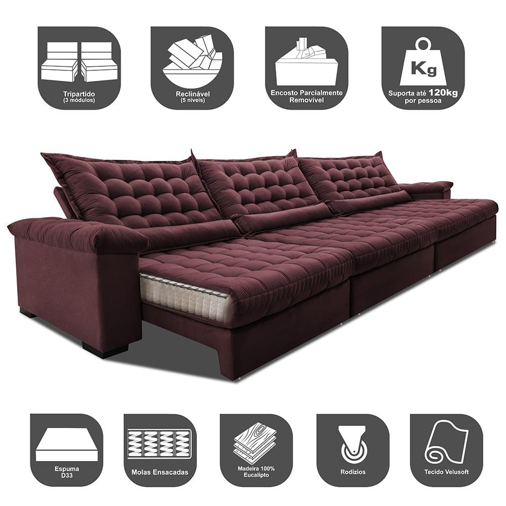 Sofá Retrátil e Reclinável 3,55m Molas Ensacadas Cama inBox Big Space com Bordado 3D Velusoft Vinho