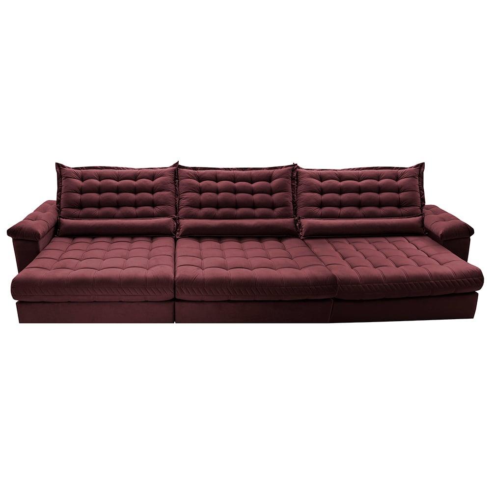 Sofá Retrátil e Reclinável 3,55m Molas Ensacadas Cama inBox Big Space com Bordado 3D Velusoft Vinho