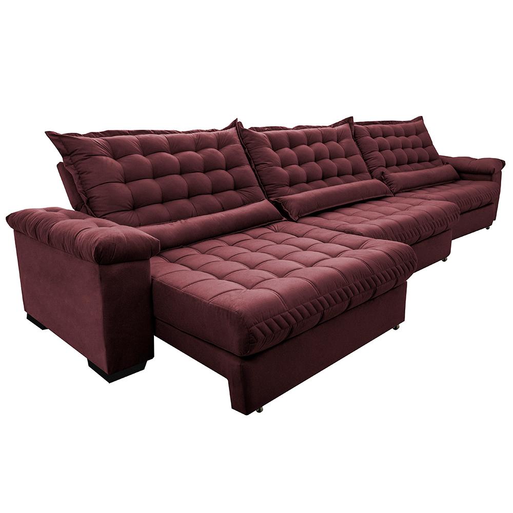 Sofá Retrátil e Reclinável 3,55m Molas Ensacadas Cama inBox Big Space com Bordado 3D Velusoft Vinho