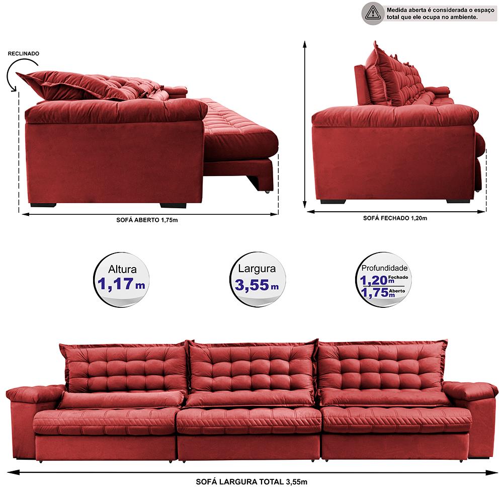 Sofá Retrátil e Reclinável 3,55m Molas Ensacadas Cama inBox Big Space com Bordado Velusoft Vermelho