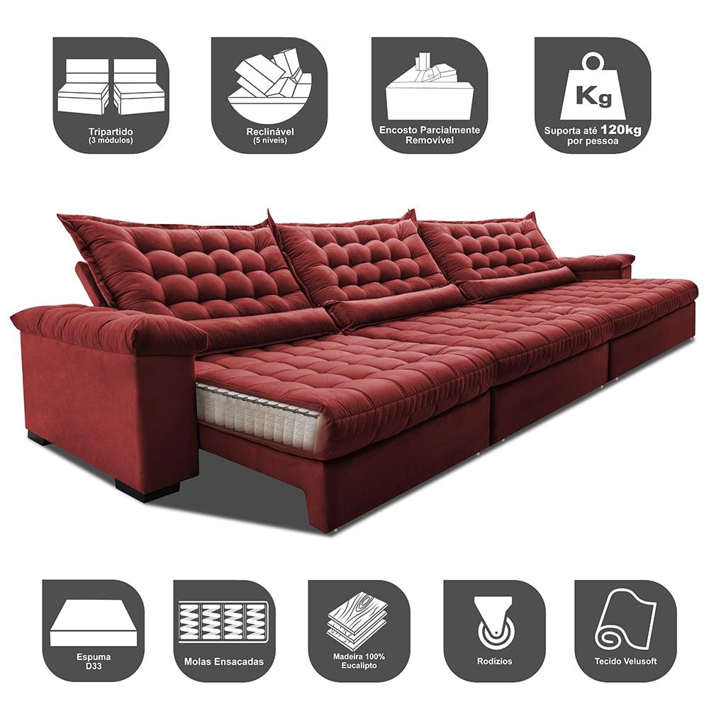 Sofá Retrátil e Reclinável 3,55m Molas Ensacadas Cama inBox Big Space com Bordado Velusoft Vermelho