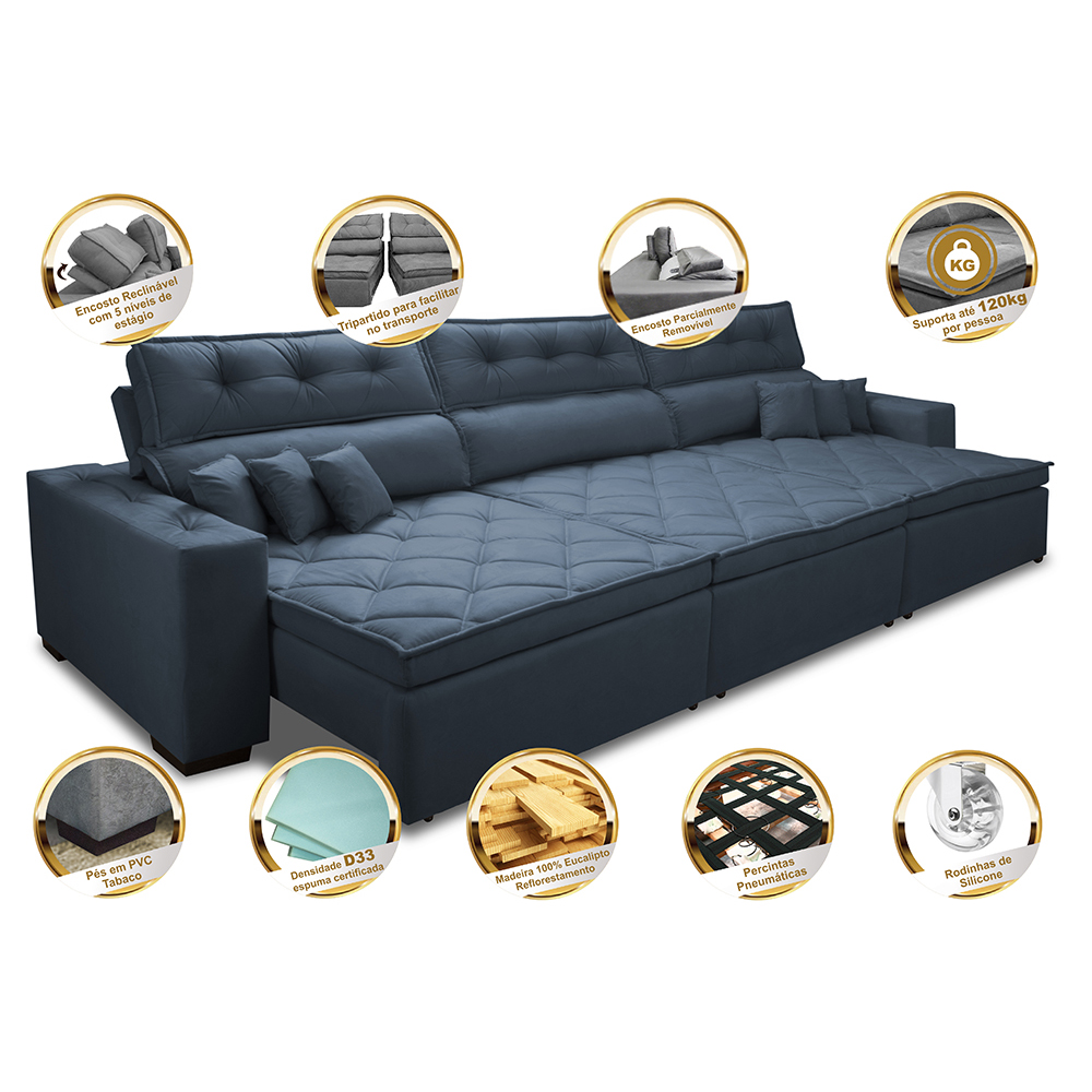 Sofá Retrátil e Reclinável 3,82m Austin com Molas no Assento Tecido Suede Velusoft Azul