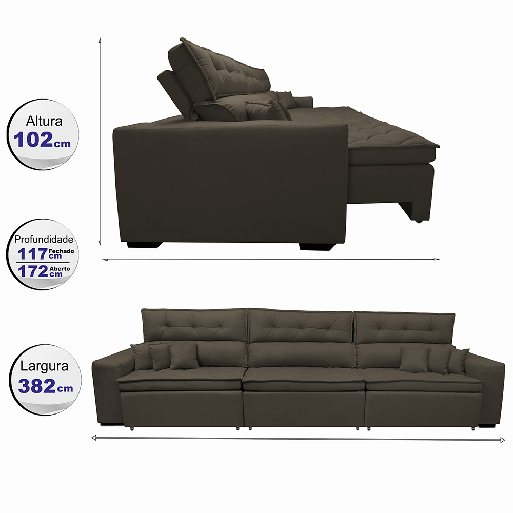 Sofá Retrátil e Reclinável 3,82m Austin com Molas no Assento Tecido Suede Velusoft Café