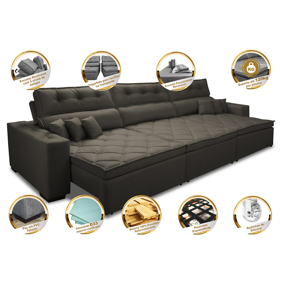 Sofá Retrátil e Reclinável 3,82m Austin com Molas no Assento Tecido Suede Velusoft Café