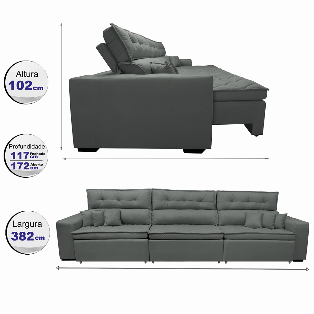 Sofá Retrátil e Reclinável 3,82m Austin com Molas no Assento Tecido Suede Velusoft Cinza