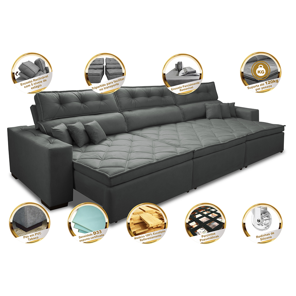 Sofá Retrátil e Reclinável 3,82m Austin com Molas no Assento Tecido Suede Velusoft Cinza