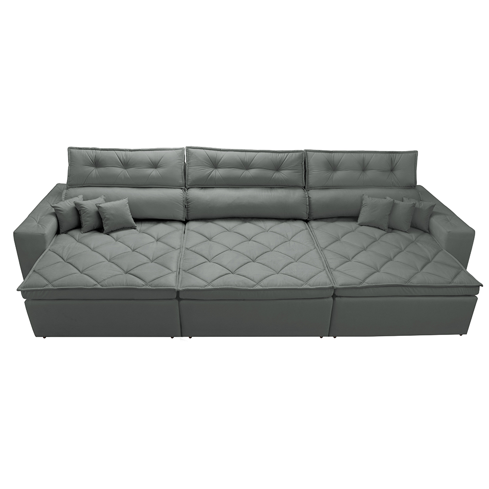 Sofá Retrátil e Reclinável 3,82m Austin com Molas no Assento Tecido Suede Velusoft Cinza