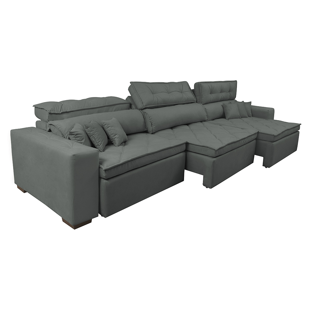 Sofá Retrátil e Reclinável 3,82m Austin com Molas no Assento Tecido Suede Velusoft Cinza