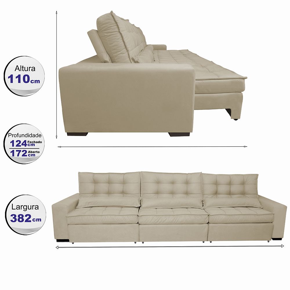 Sofá Retrátil e Reclinável 3,82m com Molas Ensacadas Cama Inbox Gold Tecido Suede Velusoft Bege