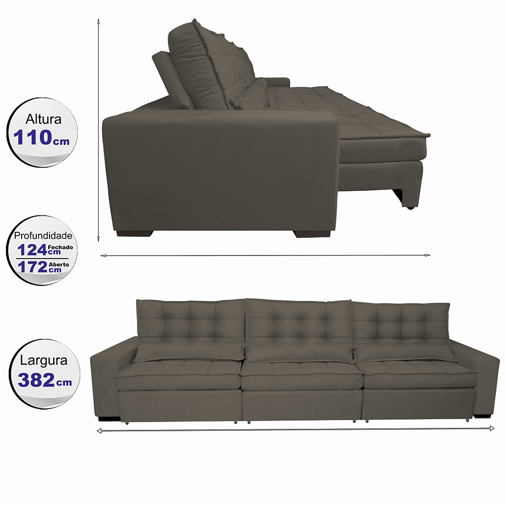 Sofá Retrátil e Reclinável 3,82m com Molas Ensacadas Cama Inbox Gold Tecido Suede Velusoft Café