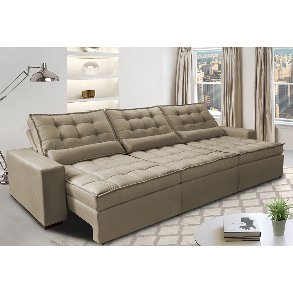 Sofá Retrátil e Reclinável 3,82m com Molas Ensacadas Cama Inbox Gold Tecido Suede Velusoft Castor