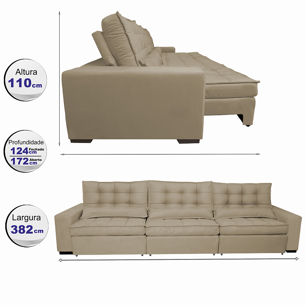 Sofá Retrátil e Reclinável 3,82m com Molas Ensacadas Cama Inbox Gold Tecido Suede Velusoft Castor