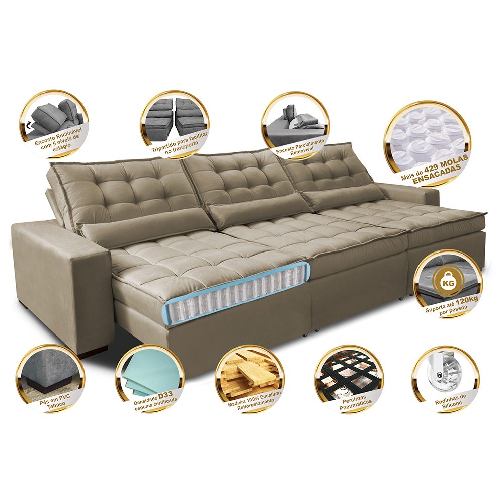 Sofá Retrátil e Reclinável 3,82m com Molas Ensacadas Cama Inbox Gold Tecido Suede Velusoft Castor