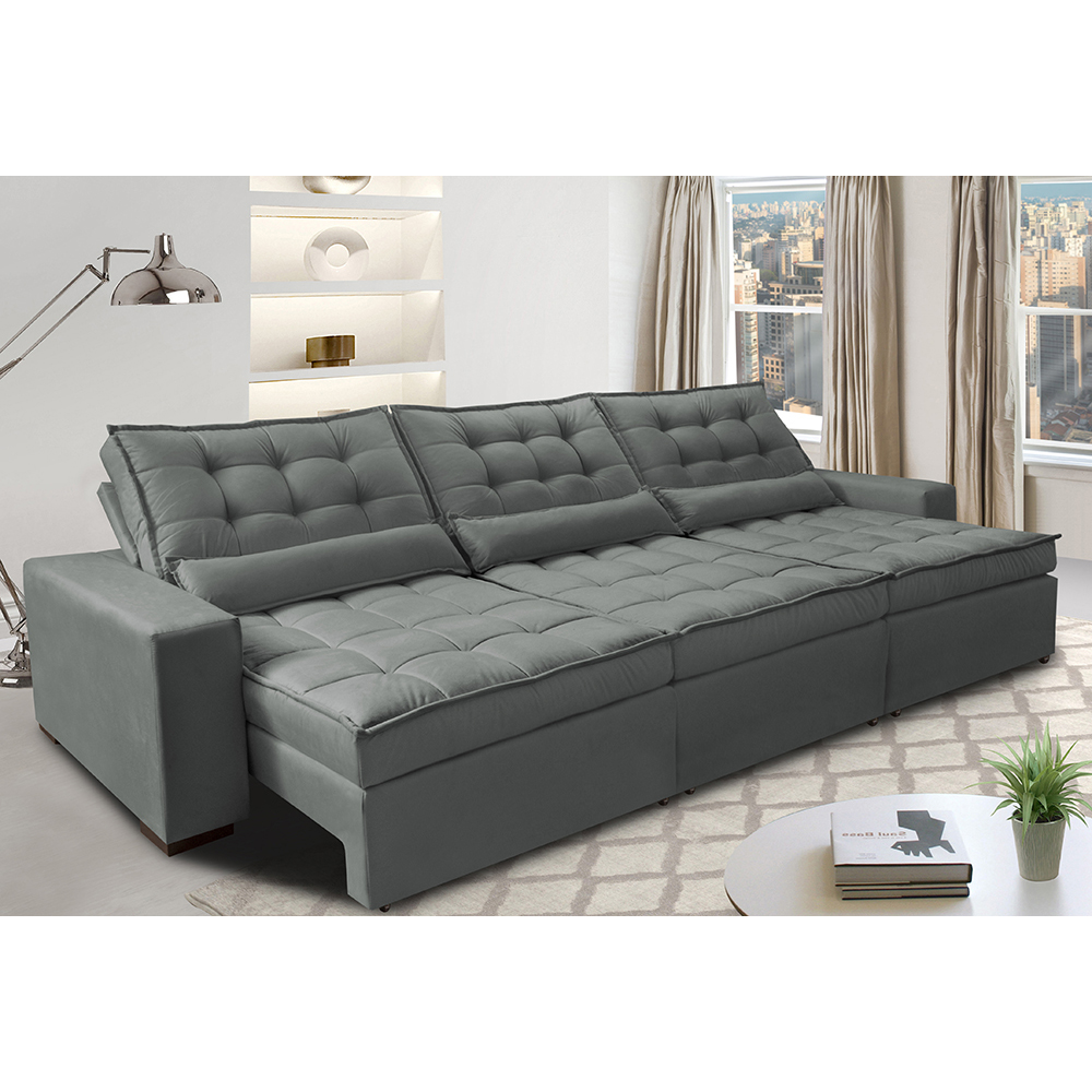 Sofá Retrátil e Reclinável 3,82m com Molas Ensacadas Cama Inbox Gold Tecido Suede Velusoft Cinza