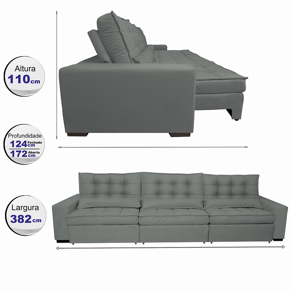 Sofá Retrátil e Reclinável 3,82m com Molas Ensacadas Cama Inbox Gold Tecido Suede Velusoft Cinza