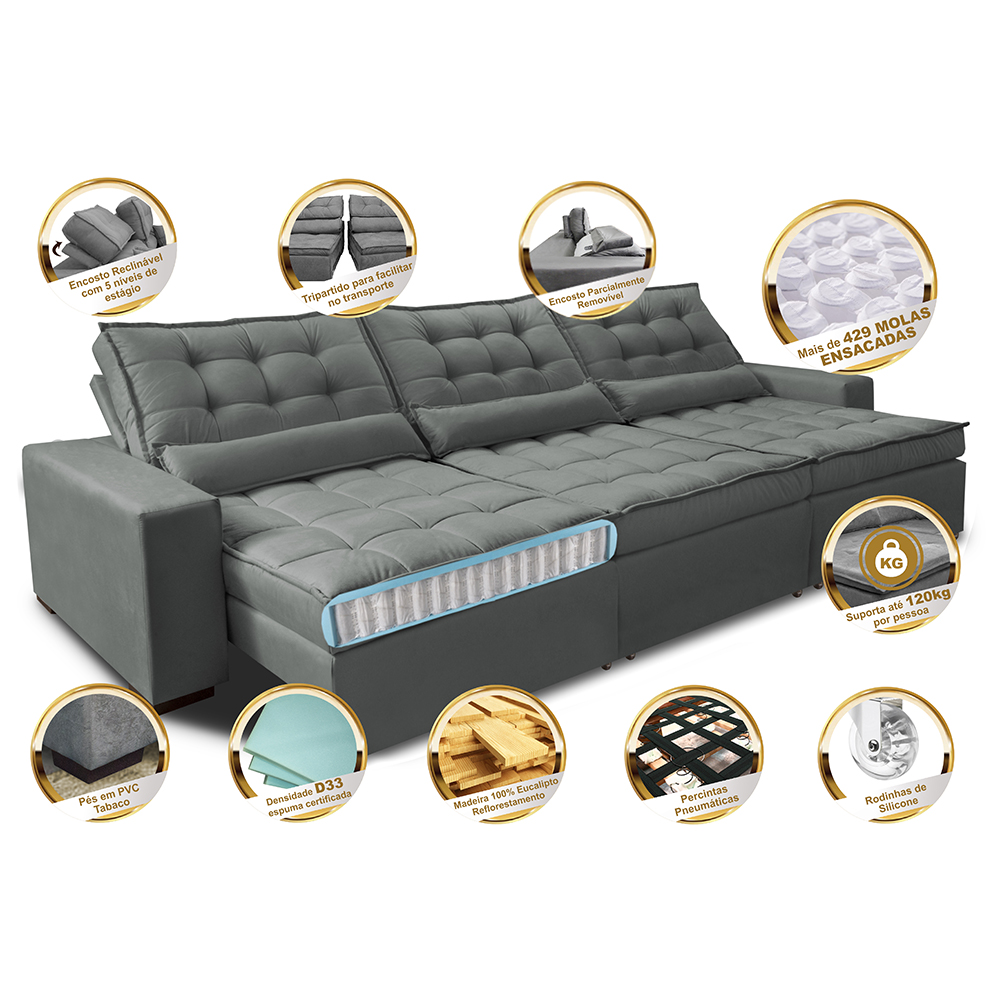 Sofá Retrátil e Reclinável 3,82m com Molas Ensacadas Cama Inbox Gold Tecido Suede Velusoft Cinza