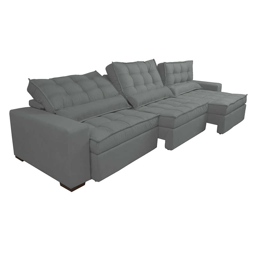 Sofá Retrátil e Reclinável 3,82m com Molas Ensacadas Cama Inbox Gold Tecido Suede Velusoft Cinza