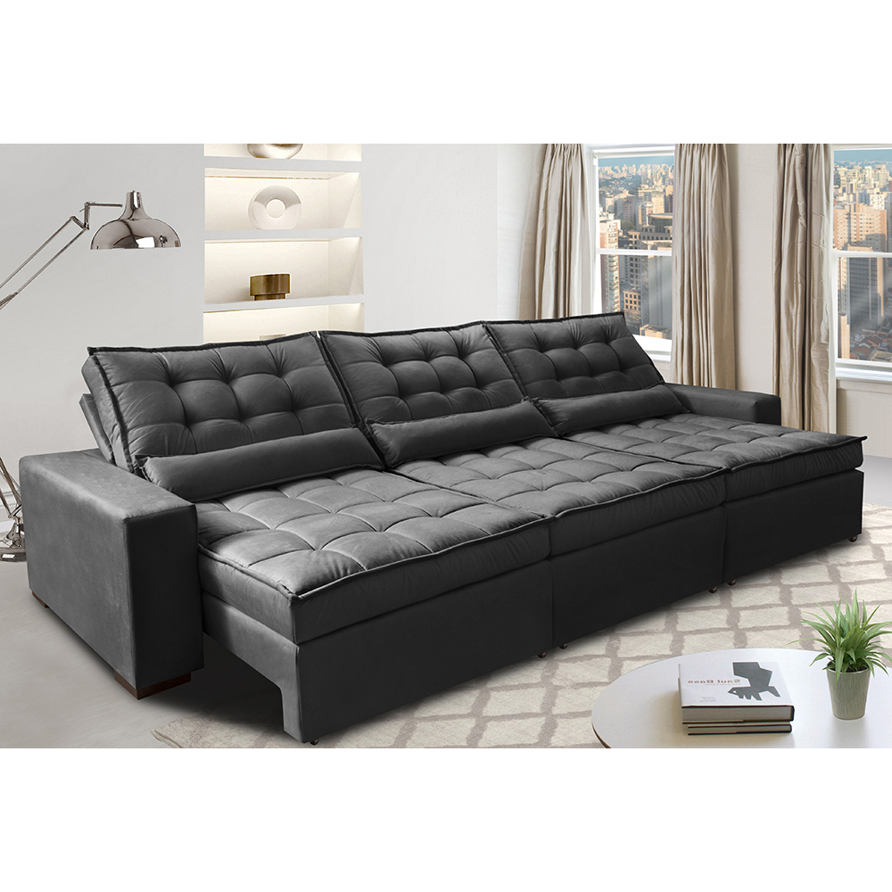 Sofá Retrátil e Reclinável 3,82m com Molas Ensacadas Cama Inbox Gold Tecido Suede Velusoft Preto