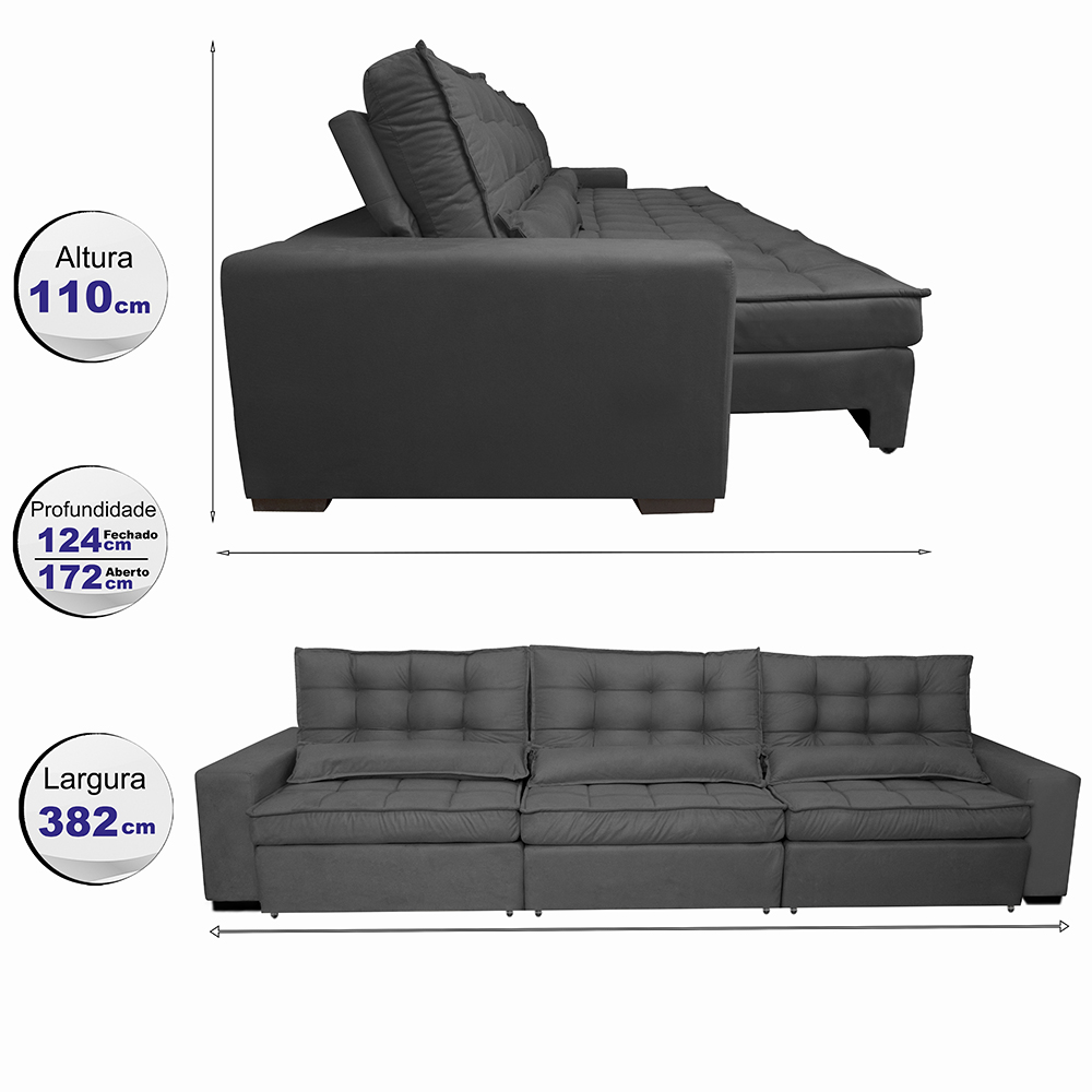 Sofá Retrátil e Reclinável 3,82m com Molas Ensacadas Cama Inbox Gold Tecido Suede Velusoft Preto