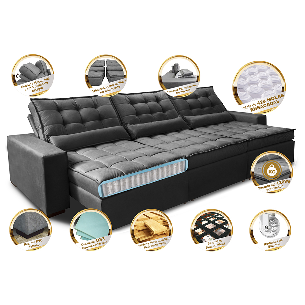Sofá Retrátil e Reclinável 3,82m com Molas Ensacadas Cama Inbox Gold Tecido Suede Velusoft Preto