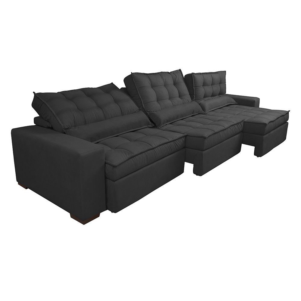 Sofá Retrátil e Reclinável 3,82m com Molas Ensacadas Cama Inbox Gold Tecido Suede Velusoft Preto