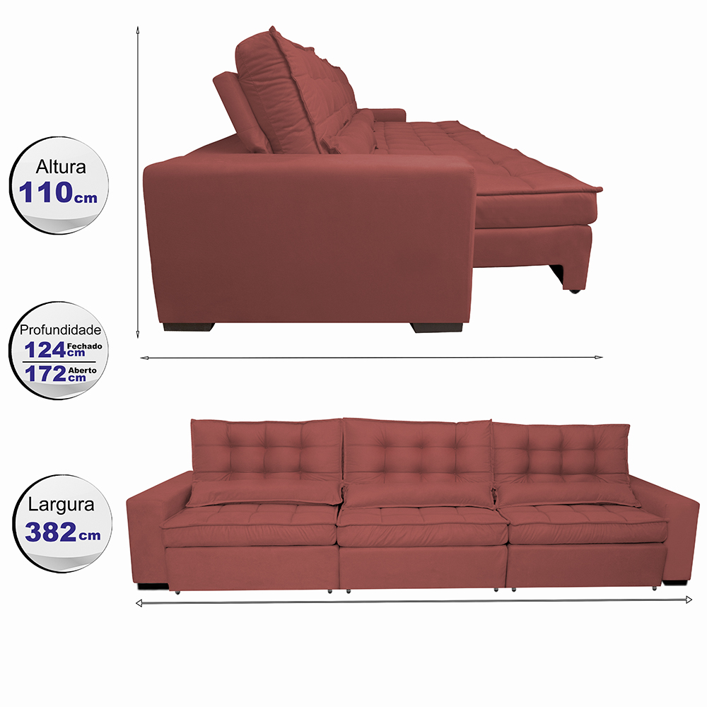 Sofá Retrátil e Reclinável 3,82m com Molas Ensacadas Cama Inbox Gold Tecido Suede Velusoft Vermelho