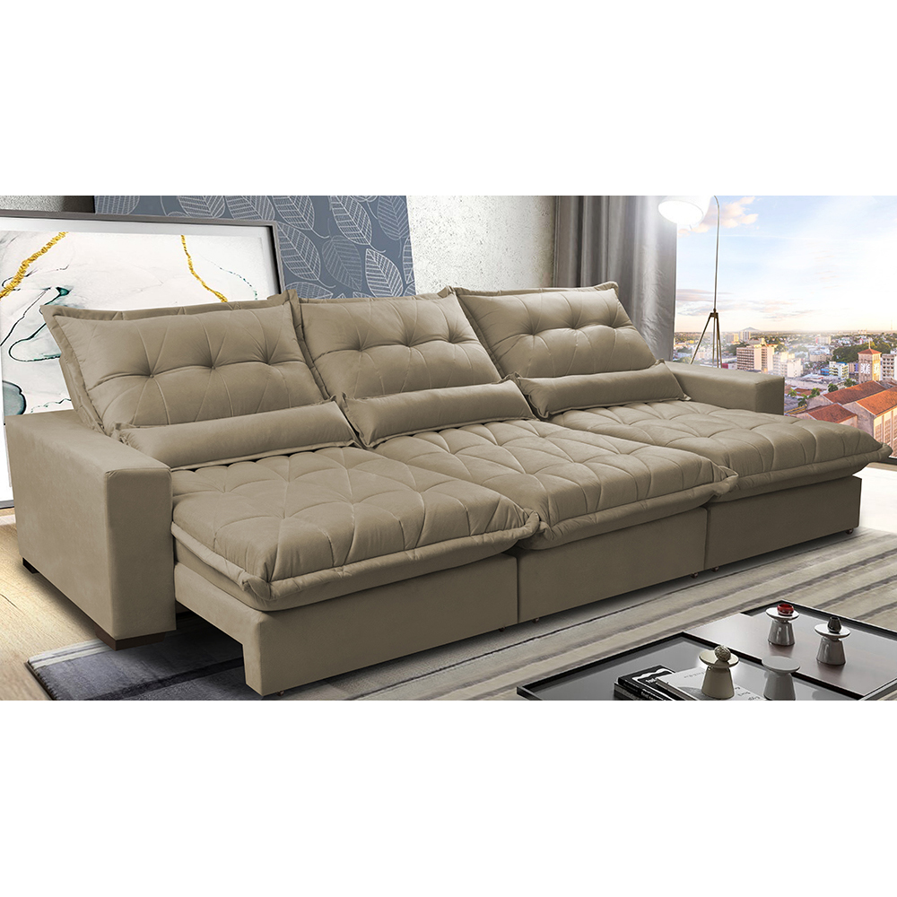 Sofá Retrátil e Reclinável 3,82m com Molas Ensacadas Cama Inbox Soft Tecido Suede Velusoft Castor