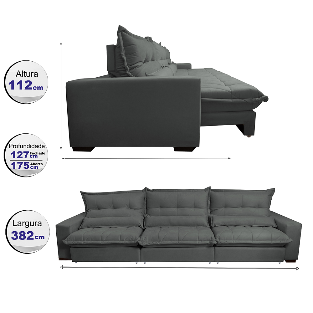 Sofá Retrátil e Reclinável 3,82m com Molas Ensacadas Cama Inbox Soft Tecido Suede Velusoft Cinza