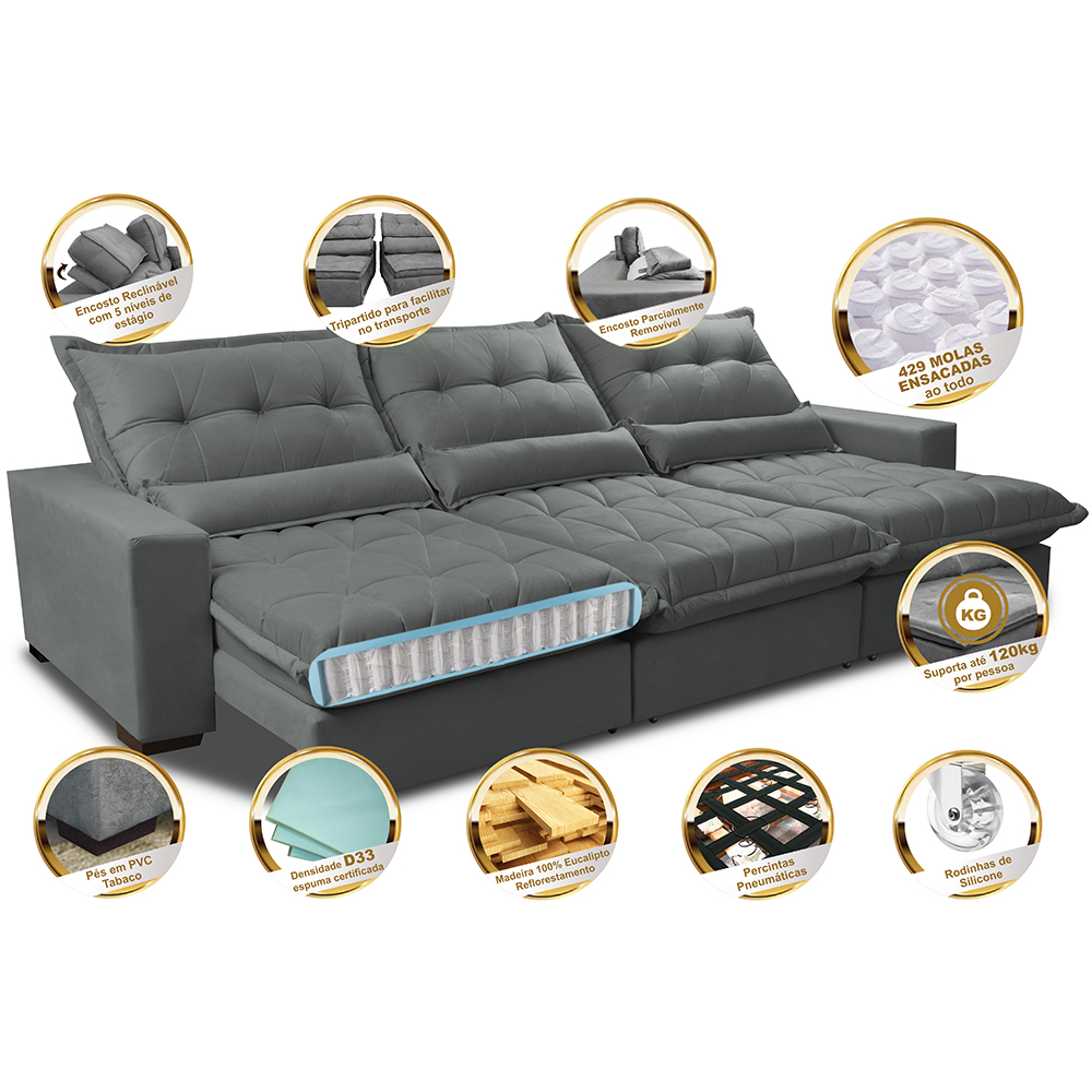 Sofá Retrátil e Reclinável 3,82m com Molas Ensacadas Cama Inbox Soft Tecido Suede Velusoft Cinza