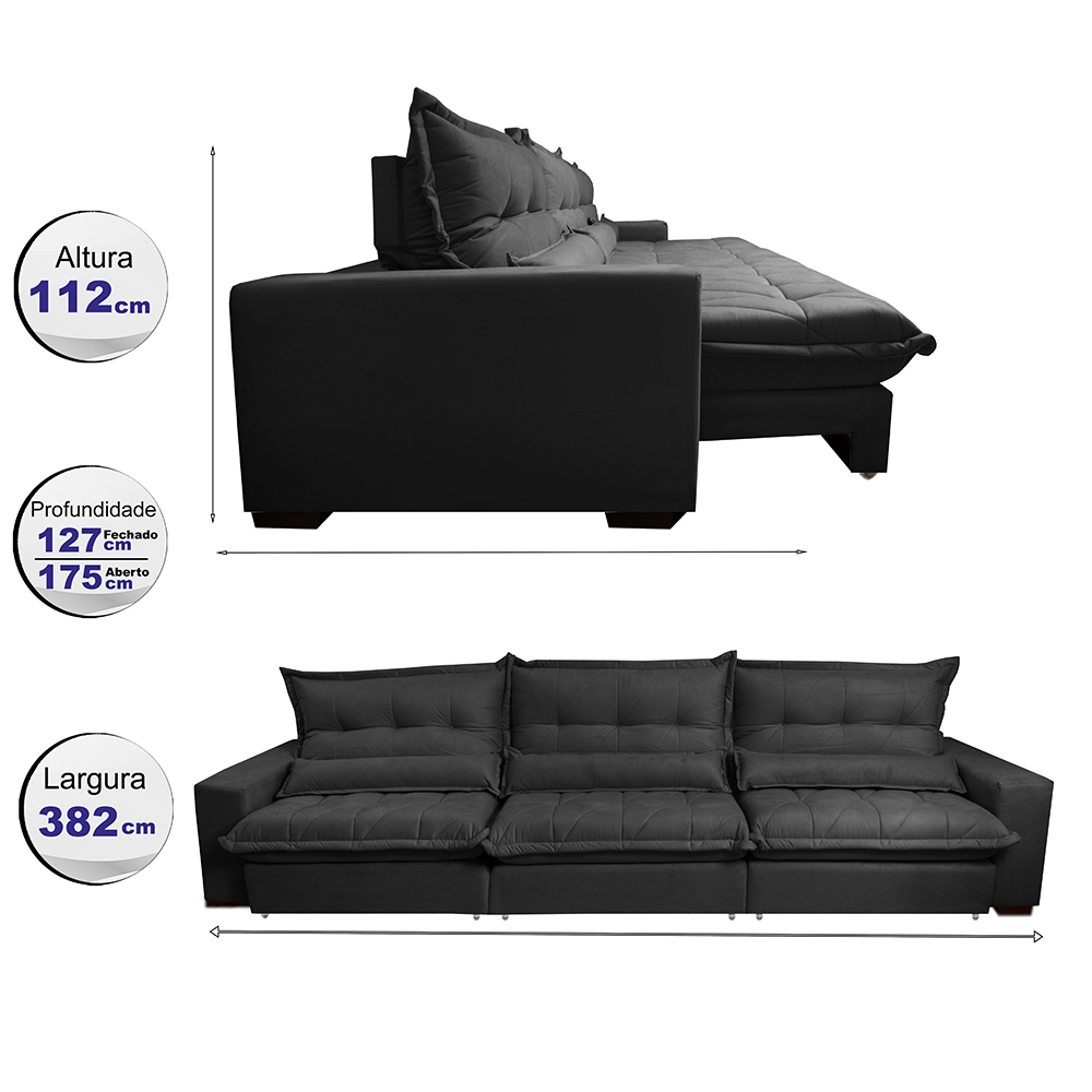 Sofá Retrátil e Reclinável 3,82m com Molas Ensacadas Cama Inbox Soft Tecido Suede Velusoft Preto