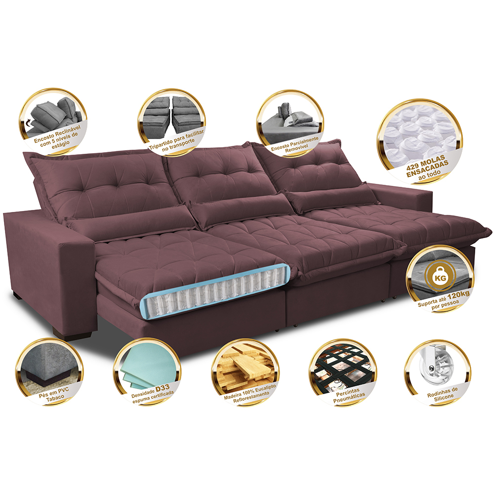 Sofá Retrátil e Reclinável 3,82m com Molas Ensacadas Cama Inbox Soft Tecido Suede Velusoft Vinho