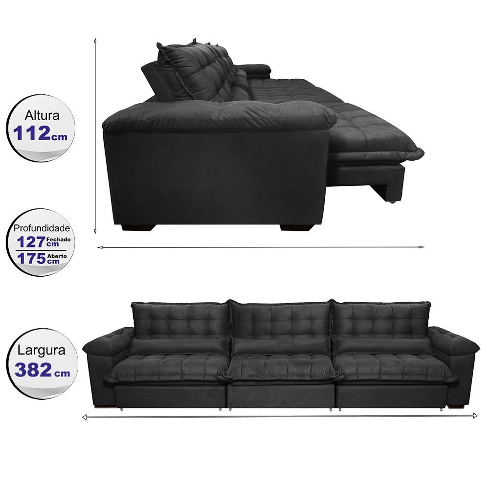 Sofá Retrátil e Reclinável 3,82m com Molas Ensacadas Cama inBox Aconchego Tecido Velusoft Preto