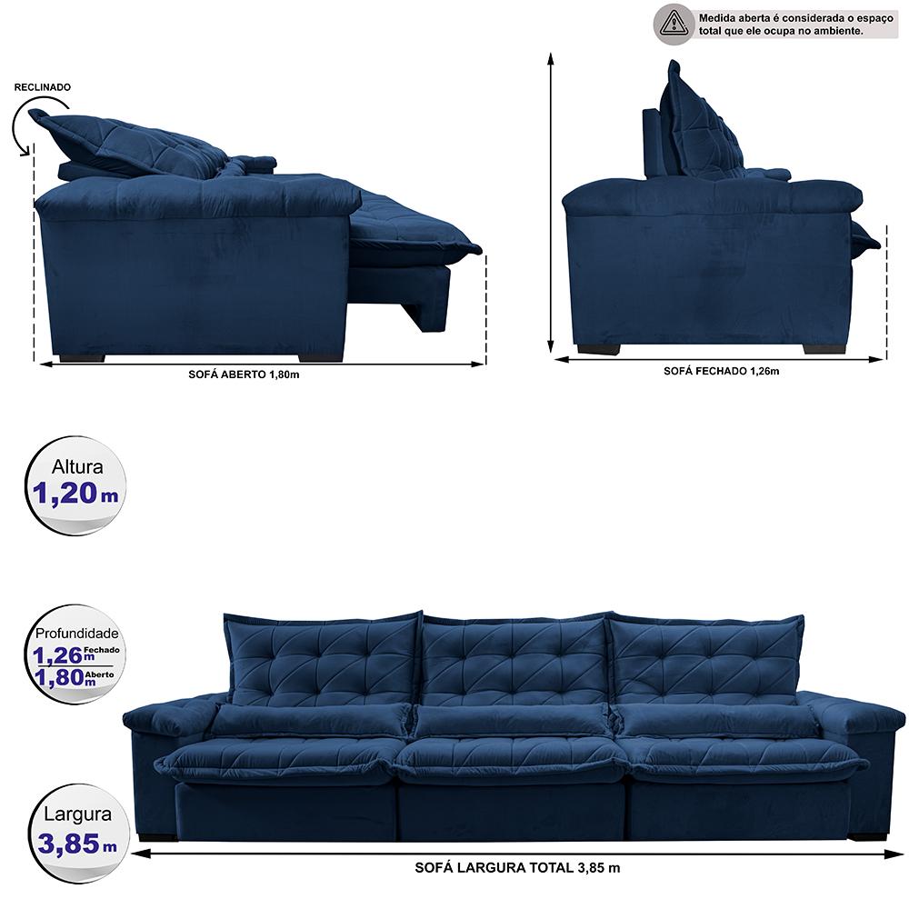 Sofá Retrátil e Reclinável 3,85m Cama inBox Big Fresh com SoftGel D40 Velupluma Azul
