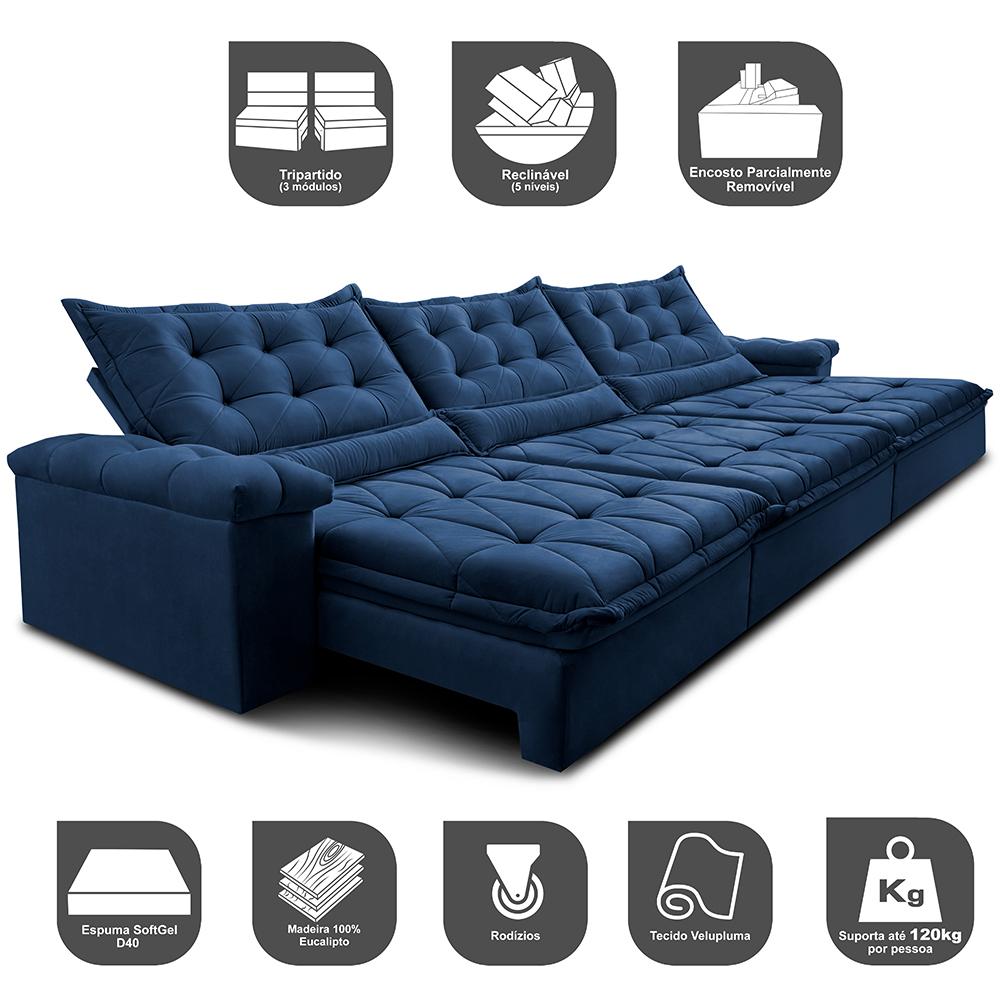 Sofá Retrátil e Reclinável 3,85m Cama inBox Big Fresh com SoftGel D40 Velupluma Azul