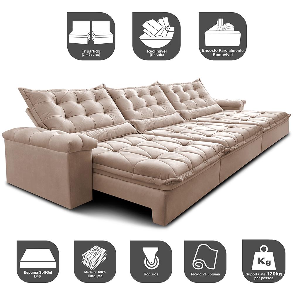 Sofá Retrátil e Reclinável 3,85m Cama inBox Big Fresh com SoftGel D40 Velupluma Bege