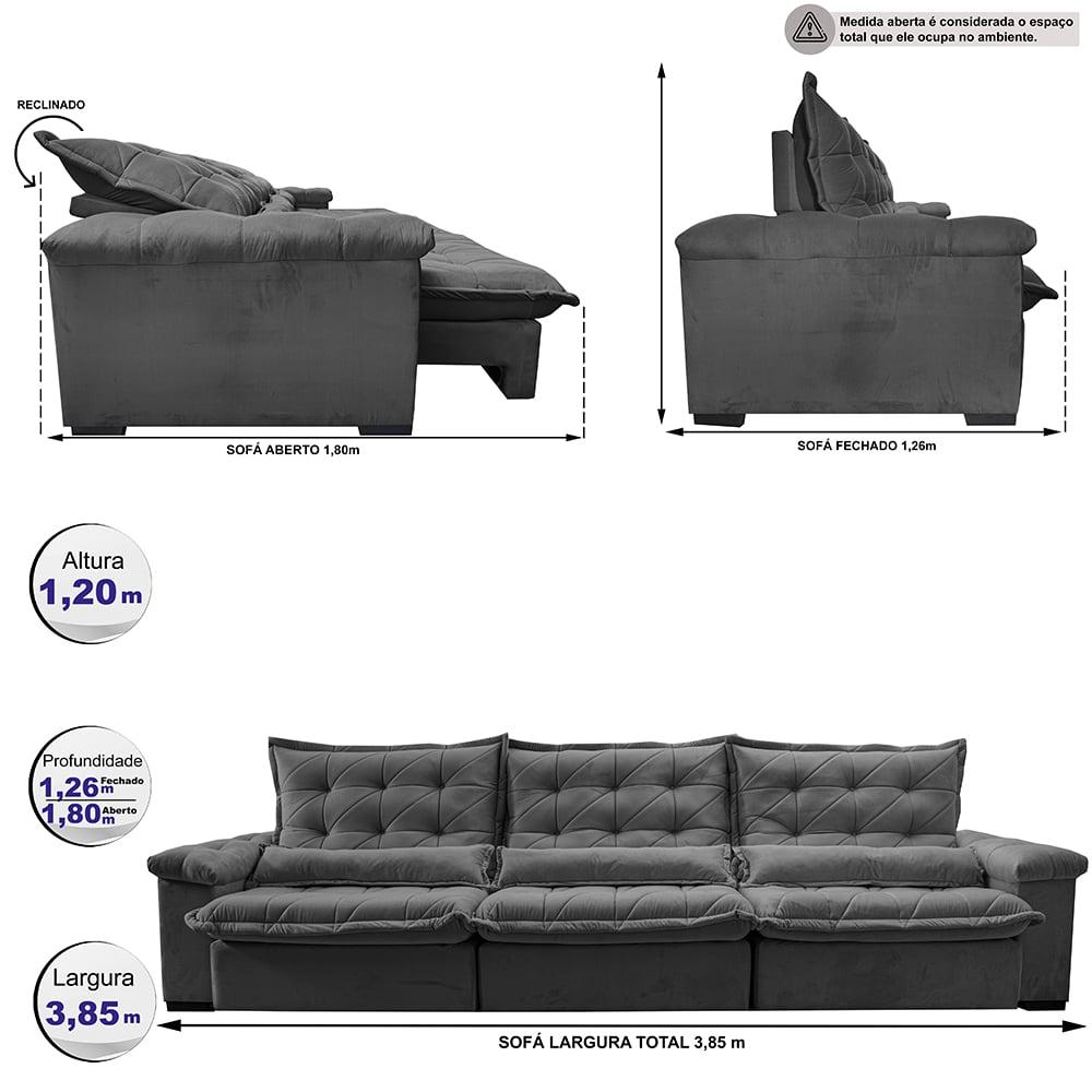 Sofá Retrátil e Reclinável 3,85m Cama inBox Big Fresh com SoftGel D40 Velupluma Cinza