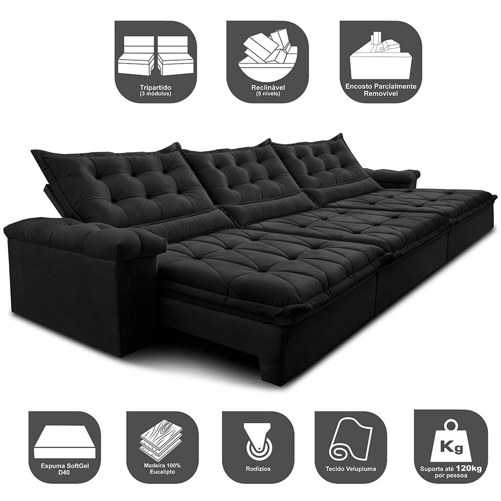 Sofá Retrátil e Reclinável 3,85m Cama inBox Big Fresh com SoftGel D40 Velupluma Preto