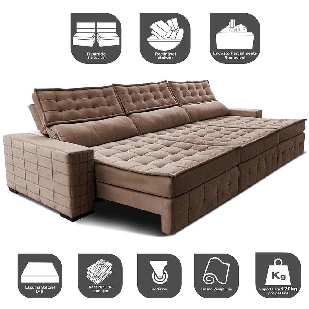 Sofá Retrátil e Reclinável 3,85m Cama inBox Big Puffer com SoftGel D40 Velupluma Castor