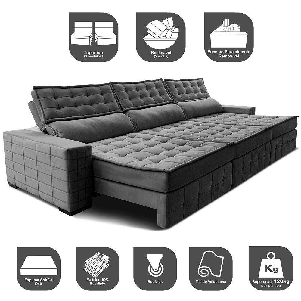 Sofá Retrátil e Reclinável 3,85m Cama inBox Big Puffer com SoftGel D40 Velupluma Cinza