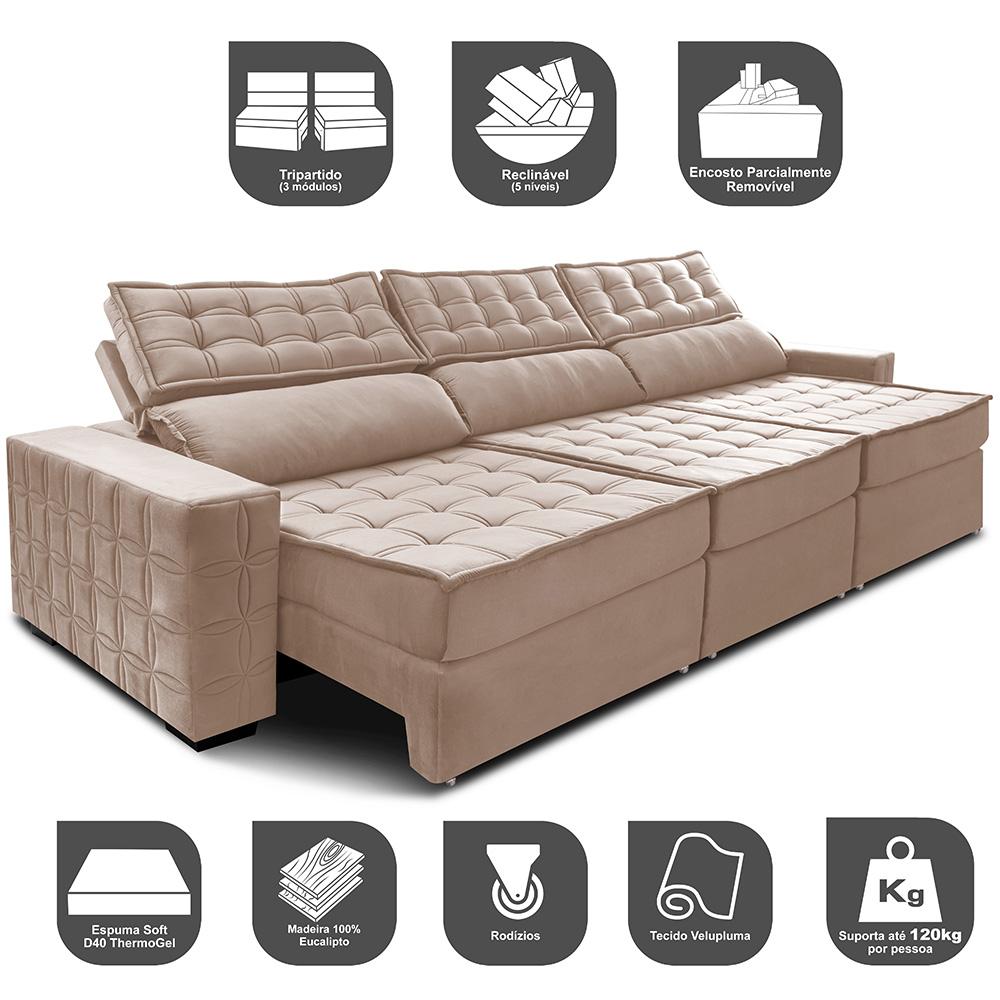 Sofá Retrátil e Reclinável 3,85m Cama inBox Big Star com SoftGel D40 Velupluma Bege