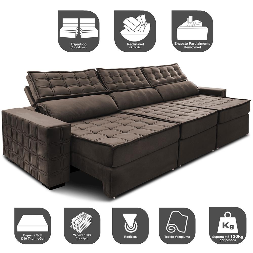 Sofá Retrátil e Reclinável 3,85m Cama inBox Big Star com SoftGel D40 Velupluma Café