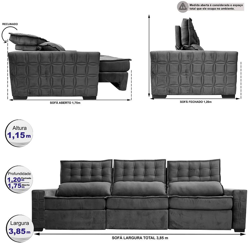Sofá Retrátil e Reclinável 3,85m Cama inBox Big Star com SoftGel D40 Velupluma Cinza