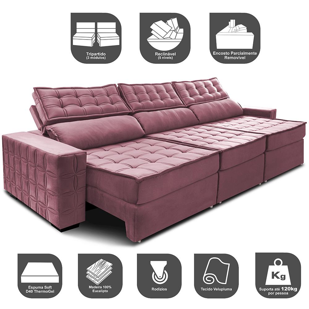Sofá Retrátil e Reclinável 3,85m Cama inBox Big Star com SoftGel D40 Velupluma Rose