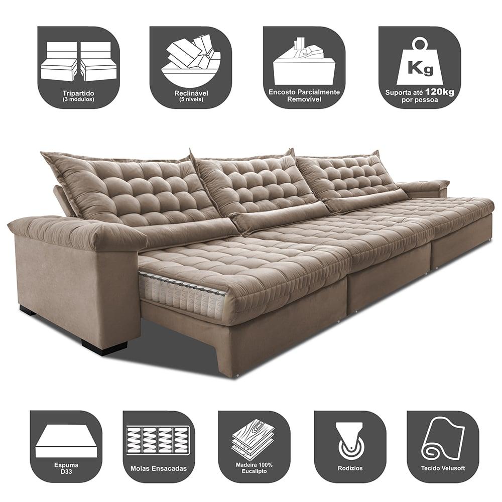 Sofá Retrátil e Reclinável 3,85m Molas Ensacadas Cama inBox Big Space com Bordado 3D Velusoft Bege