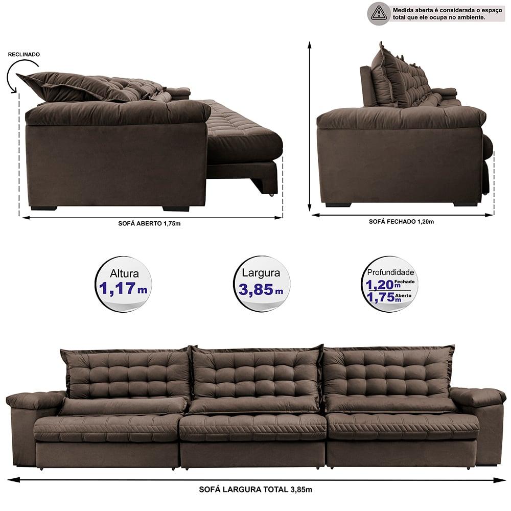 Sofá Retrátil e Reclinável 3,85m Molas Ensacadas Cama inBox Big Space com Bordado 3D Velusoft Café