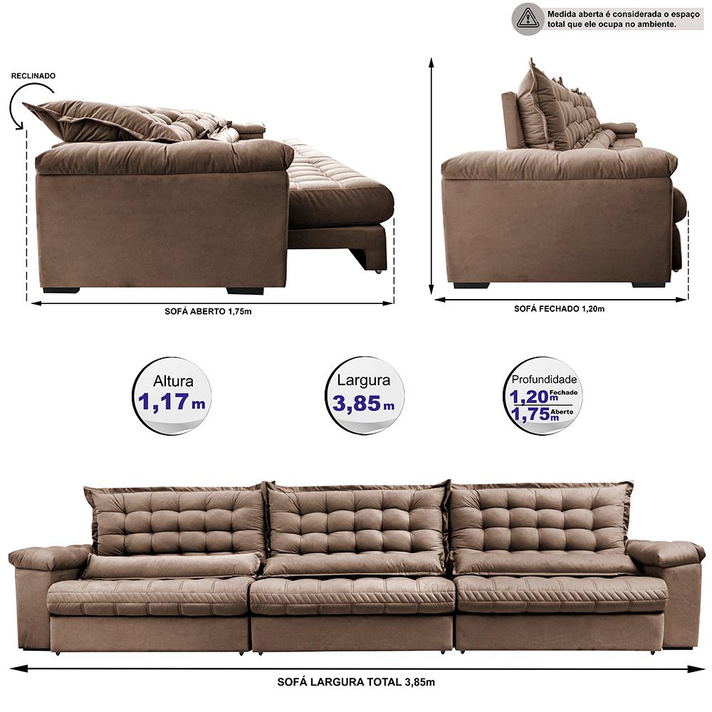 Sofá Retrátil e Reclinável 3,85m Molas Ensacadas Cama inBox Big Space com Bordado 3D Velusoft Castor